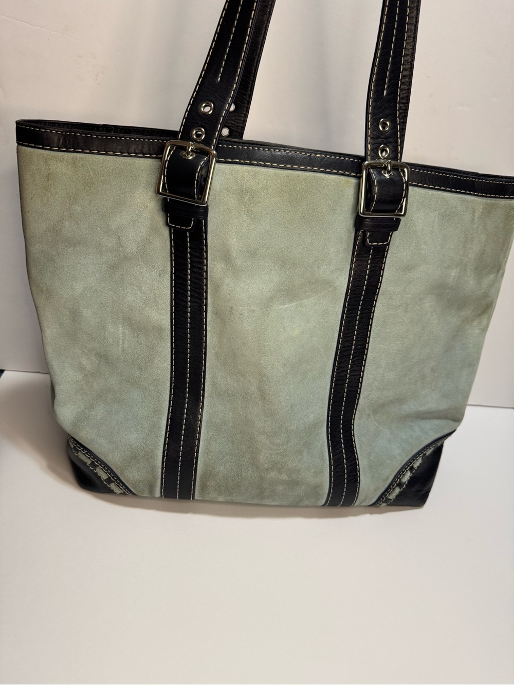Coach Suede Leather Tote Bag Blue Gray Black Trim large shoulder bag purse - Picture 2 of 6